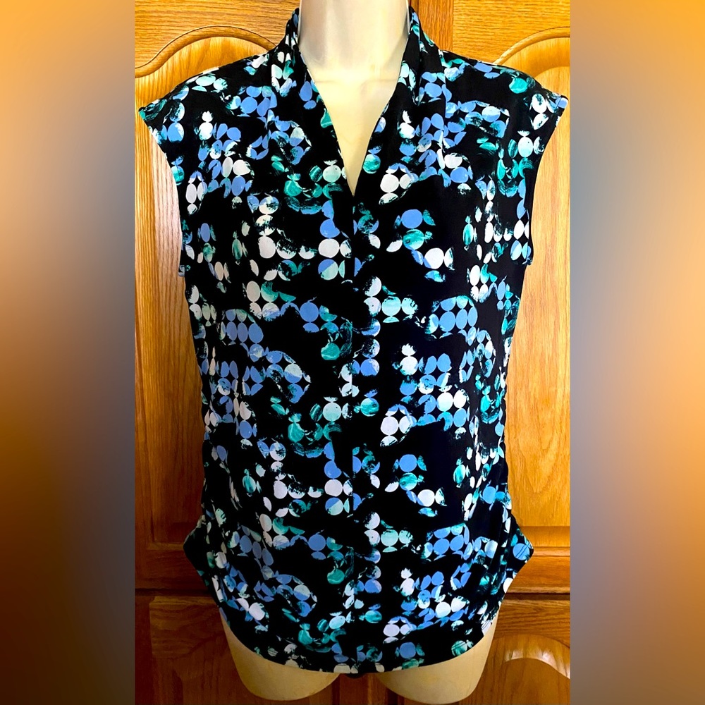 Apt. 9 black tank blouse with blue white & green circle pattern, Sz. MP, NWOT